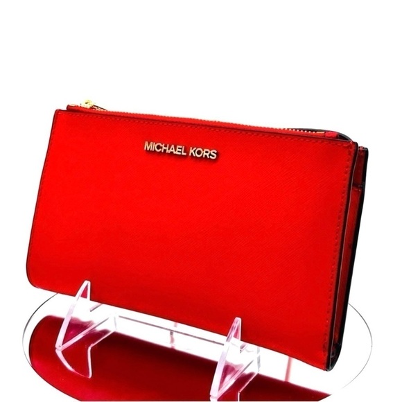 Michael Kors Large Double Zip Wallet Wristlet Red/Gold - Picture 1 of 9